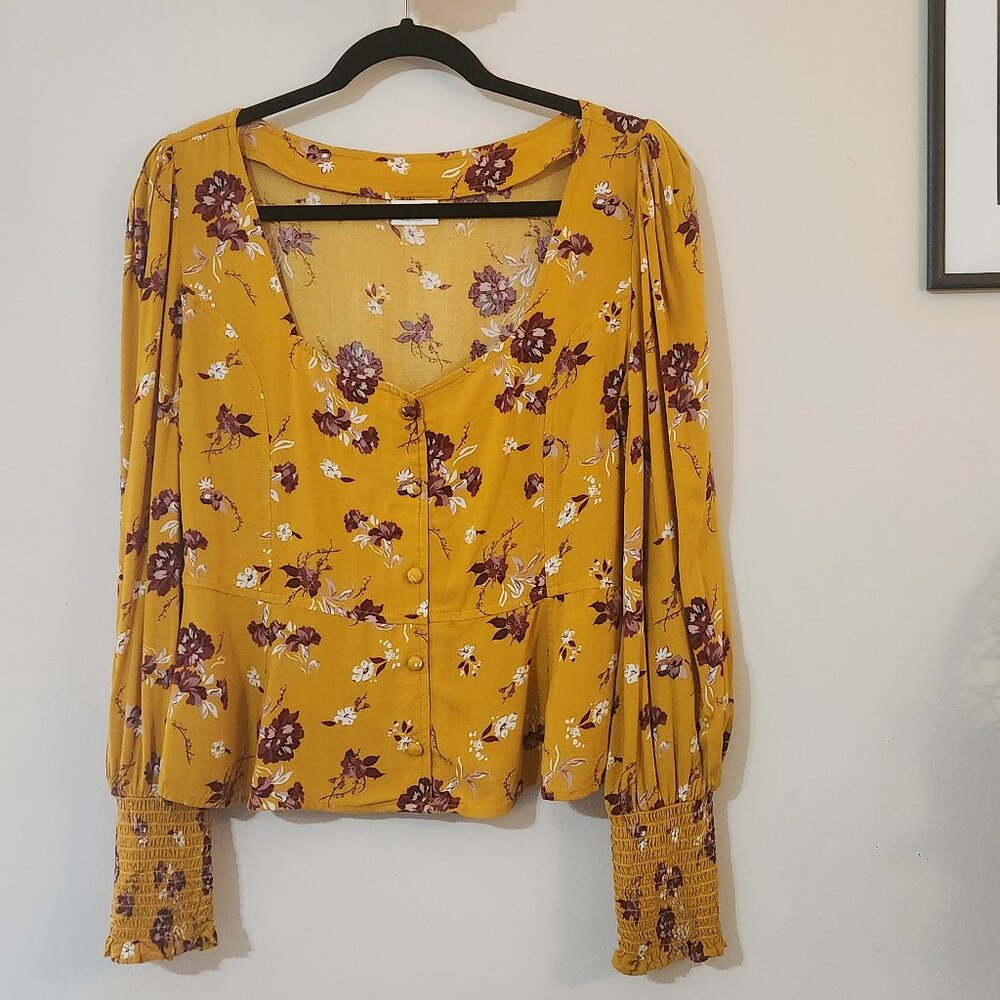 Abound Yellow Floral Long Sleeve Peplum Blouse. Size M.